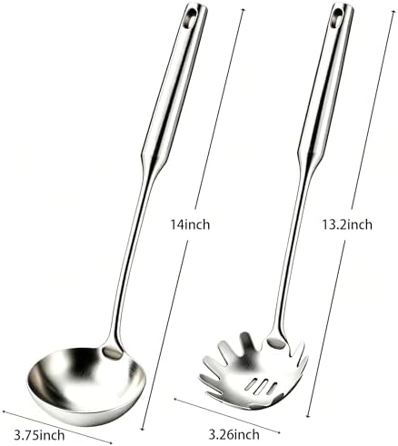 Stainless Steel Pasta Server and Cooking Spoon, Large Soup Ladle, Spaghetti Server with Teeth & Draining Holes, Dishwasher Safe Utensil for Everyday Use