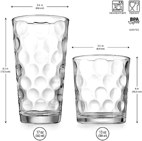Home Essentials Drinking Glasses Set of 16, 8 Highball Glasses -17 oz., 8 Rocks Whiskey Glass Cups 13 oz., Inner Circular Lensed Glass Cups.
