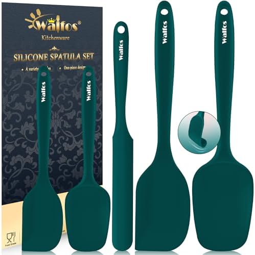 Walfos Silicone Spatula Set of 5 - (600°F) High Heat Resistant Dark Green Kitchen Scraper Spatulas, One-Pieces Seamless Design, Perfect for Cooking Mixing & Baking - BPA Free and Dishwasher Safe