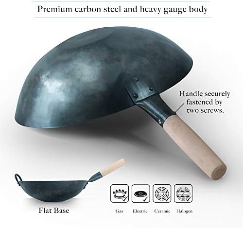 Pre Seasoned Blue Carbon Steel Flat Bottom Wok -14 Inch Chinese Pow Wok - Traditionally Hand Hammered Woks and Stir Fry Pans