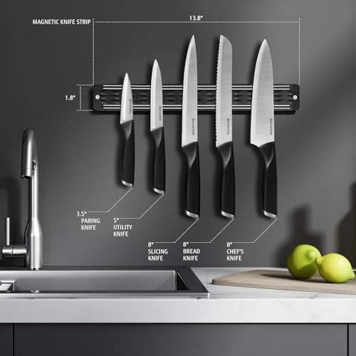 Black Knife Set with Magnetic Strip for Wall,6-Piece