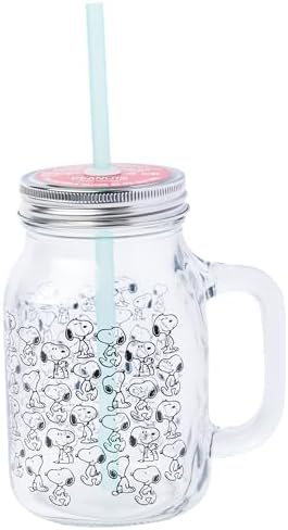 Silver Buffalo Peanuts Snoopy, Glass Mason Jar with Handle and Straw, 21oz