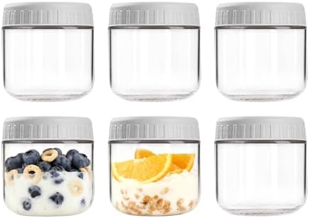 Overnight Oats Containers with Lids, 10oz Wide Mouth Mason Jars with Lids, 6 Pack Glass Jars with Airtight lid for Chia Pudding Yogurt Salad, Meal Prer Oatmeal Jars, Gray