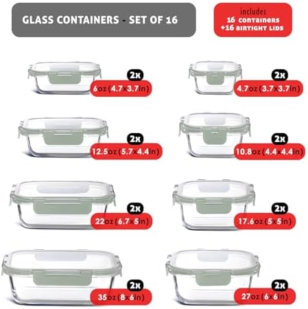 EATEX 32pc Glass Storage Containers with Lids, 16 Glass Food Storage Containers with 16 Airtight Lids for Pantry & Kitchen, Meal Prep Containers for Lunch, Oven Freezer Microwave & Dishwasher Safe