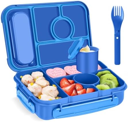 Amathley Bento Box Adult Lunch Box Kids,Lunch Containers for Adults/Kids/Toddler,5 Compartments Bento Lunch Box with Sauce Vontainers,Microwave & Dishwasher & Freezer Safe,BPA-Free (Navy)