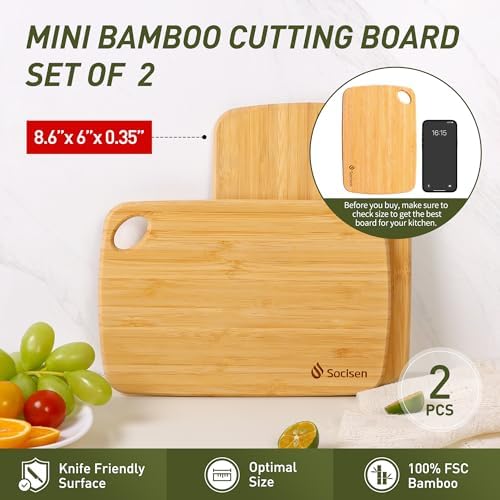 2 Pack Small Bamboo Wood Cutting Board for Kitchen Mini Wooden Chopping Board Lightweight Handheld Charcuterie Serving Board Butcher Block Camping Portable Fruit Lemon Sandwich Non Toxic Chef Set