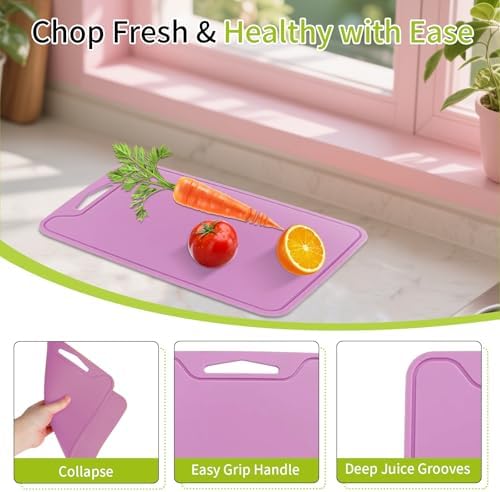 Flexible Plastic Cutting Boards for Kitchen, 11.8''x 8.6'' Silicone Cutting Board, BPA Free Non Slip Cutting Mat for Meat, Vegetables and Fruit with Easy Grip Handle, Dishwasher Safe (Deep purple)