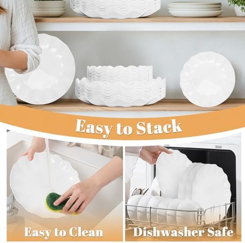 LIYH 24 Pcs White Plastic Plates Reusable - Unbreakable Party Plates, Microwave & Dishwasher Safe Camping Plate Sets Perfect for Parties, Birthday, Picnics, BPA Free (12Guests)