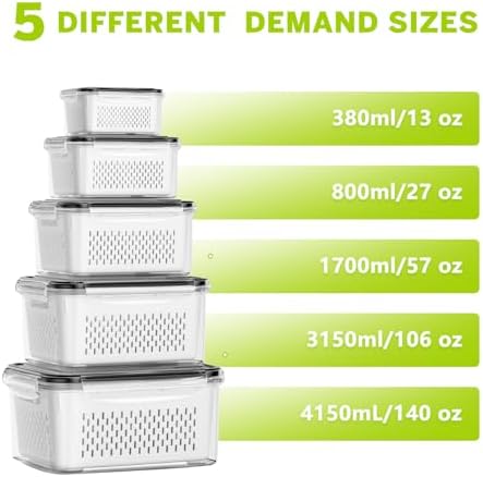 5 Pack Fruit Storage Containers for Fridge, Plastic Fruit Containers Set