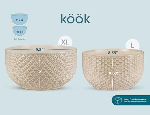 KooK Ceramic Nesting Bowls, Embossed, Oven Safe, Set of 4, Almond
