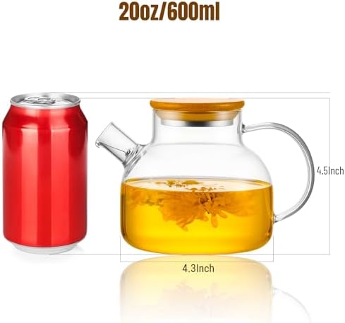 PARACITY Glass Teapot Stovetop 20 OZ/600ml, Borosilicate Clear Tea Kettle with Bamboo Lid, Glass Tea pot with Removable Filter Spout, Teapot Blooming and Loose Leaf Tea Maker Tea Brewer for Camping