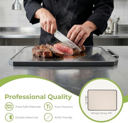 Freshware Titanium Cutting Board for Kitchen, Double Sided and Non Slip Cutting Boards with Handle, Pure Titanium/PP, Chopping Board with Juice Grooves, Dishwasher Safe, Extra Large 19.7" by 13.5"