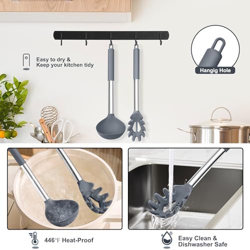 TeamFar Silicone Pasta Fork and Ladle, Nonstick Kitchen Utensils, Gray