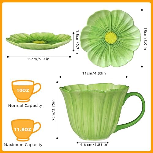10 oz Tea Cups and Saucers, Ceramic Flower-shaped Cappuccino Cup, Latte Cup and Saucer set, elegant floral Espresso Cup set, Suitable for microwave and dishwasher-Green