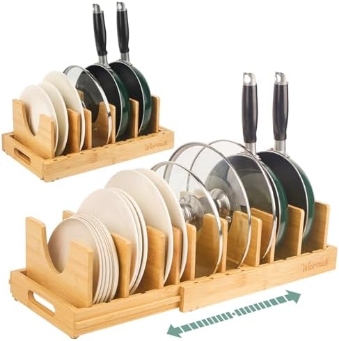 Wisreach Bamboo Pot Lid Organizer, Adjustable Kitchen Organizer for Cabinet, Expandable Pot and Pan Storage Rack, Kitchen Organization for Lids, Bakeware, and Cutting Boards