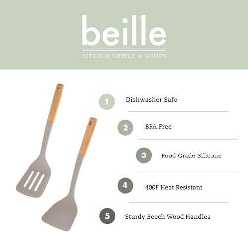 Beille 2pc Beech Wood and Silicone Spatula Set Kitchen Utensils Cooking Baking Supplies Home Essentials, Light Grey