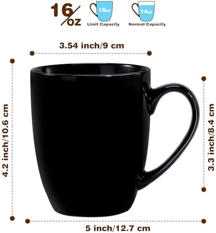 Large Ceramic Coffee Mugs Set of 6 16oz(475ml) Tea Cups Idea Gifts Black