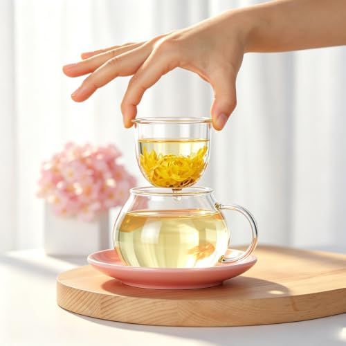 Mushroom Tea Cup Set, Cute Glass Tea Cups and Saucers, Kawaii Teacup with Infuser for Loose Leaf Tea Steeper, Coffee Mugs Birthday Gifts for Women, Tea Infuser Mug with Lid for Mother Girls (Yellow)