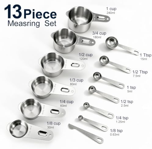 Bopei 13-Piece 18/8 Stainless Steel Measuring Cups and Spoons Set, Silver