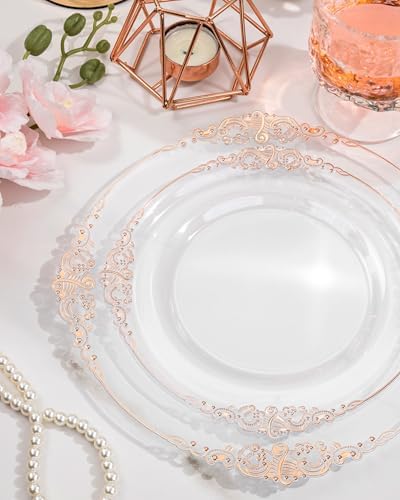 Nervure 350Pcs Rose Gold Plates, Disposable Dinnerware Set for 50 Guests