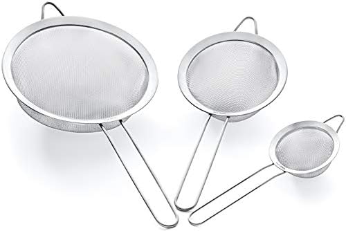 Strainer Set Fine Mesh – Premium 304 Stainless Steel (18/8) – 8″, 5.5″ and 3.3″ Sturdy Kitchen Strainers (Silver)