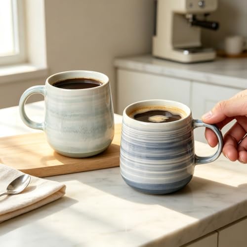 Stoneware Coffee Mugs Set of 4, 12oz Hand-Painted Coffee Cups with Handle