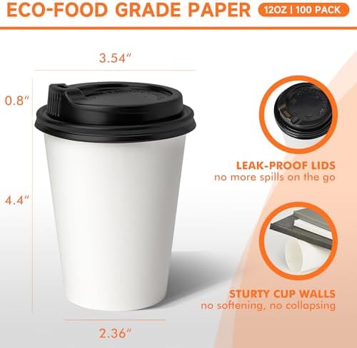 METAPRINT 100 Pack 12 oz Disposable Coffee Cups with Lids,White