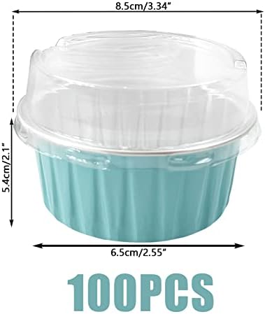 100Pcs Aluminum Cups with Lids,5oz Disposable Ramekin Baking Cups Muffin Liners Mini Pie Pans Foil Cupcake Containers for Christmas Party Wedding,Blue
