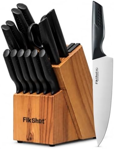 FikShot 15-Piece Kitchen Knife Set with Block & Built-In Sharpener