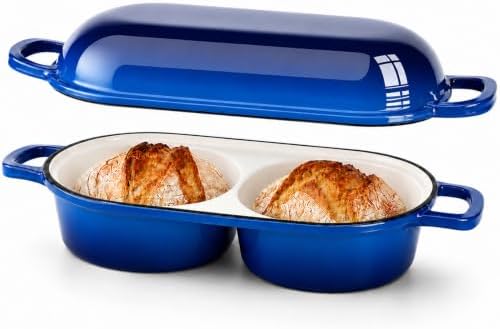 Double Dutch Oven for Sourdough Bread Baking,2.2QT Enameled Cast Iron Dutch Oven Pot with Lid,500°F Oven Safe Non Stick Bread Loaf Pan,Sourdough Baking Pan for Homemade Baking（blue）