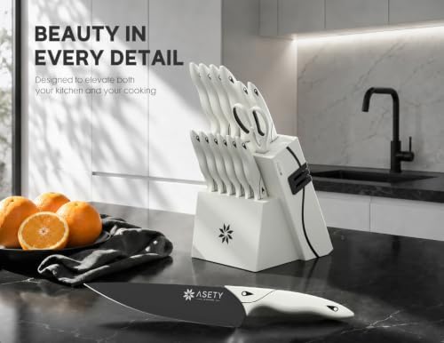 ASETY Kitchen Knife Set with Block 15 PCS, Dishwasher Safe Kitchen Knives