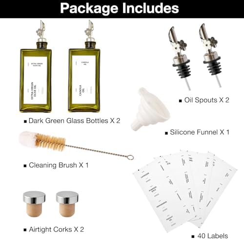 Olive Oil Dispenser Bottle for Kitchen, 16.9oz /500ml Cooking Vinegar Dispenser Bottle Set, Glass Sauce Container, Labels, Brush, Funnel, Stoppers, Green for Oil, Wine
