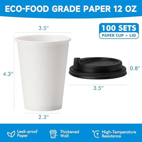 RACETOP Disposable Paper Coffee Cups with Lids, 12 oz, 100 Pack