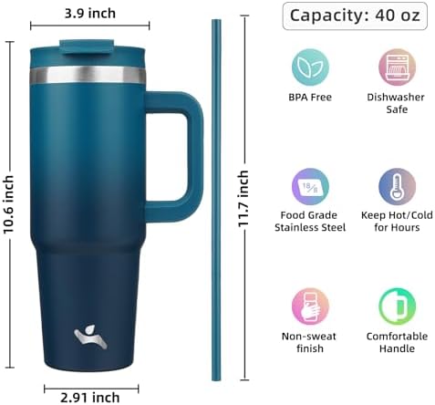Konokyo 40 oz Insulated Tumbler Water Bottle with Handle, Straw Lid