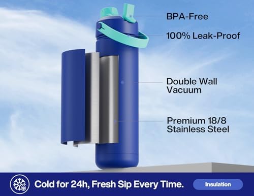 POWCAN 26 oz Insulated Water Bottle with 2-in-1 Straw and Spout Lid, Keep Cold 24H, Leak-Proof, Fits in Car Cup Holder, Stainless Steel Water Bottle for Sports, Travel, Gym, and School (Coastline)