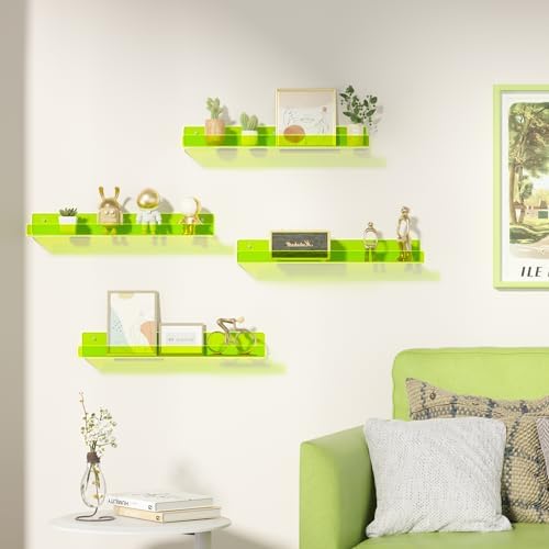 upsimples 4 Pcs 15" Acrylic Shelves for Wall Display, Fluorescent Green
