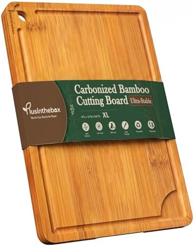Cutting Board,18" x 12" X-Large Bamboo Cutting Board for Kitchen,Deep Carbonized Butcher Block Cutting Board with Deep Juice Groove Side Handles,Meat,Fruit and Daily Cooking