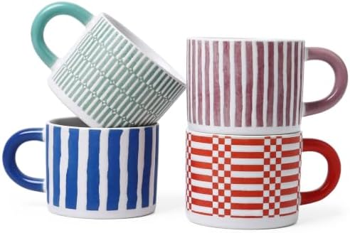 Stoneware Coffee Mugs Set of 4, 14oz Hand-Painted Coffee Cups with Handle