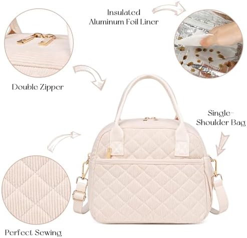 CAMTOP Lunch Box for Women Insulated Lunch Bag Lunchbox Cooler Thermal Leakproof Quilted Reusable Lunch Tote Bag for Work School Travel Picnic (Z-Beige)