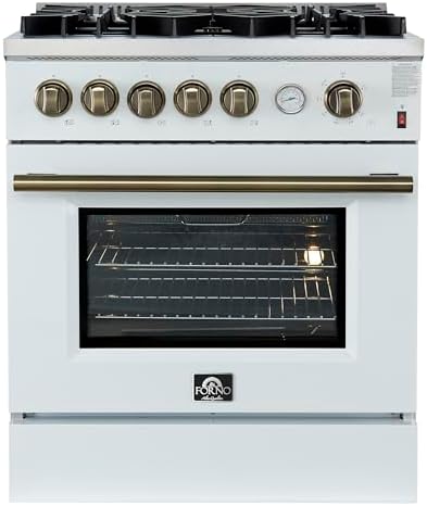 FORNO Giovanni 30-inch Freestanding Gas Range 5 Burners 67,000 BTU, 4.32 cu. ft. Convection Oven with Air Fryer Kit, Reversible Griddle, Wok Support & Heavy-Duty Control Knobs, Classic White Finish