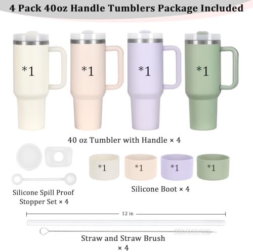 4 Pack 40 Oz Tumbler with Handle Bulk, Double Wall Vacuum Insulated Stainless Steel Tumbler with Lid and Straw, 40 oz cup with Silicone Spill Proof Stopper Set (Cream,Purple,Dark Green,Rose Quartz)
