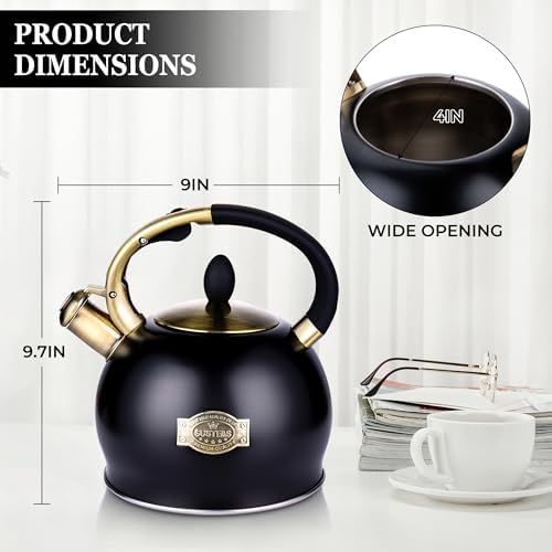 SUSTEAS Whistling Tea Kettle, 2.7QT Food-Grade Steel Teapot, BLACK
