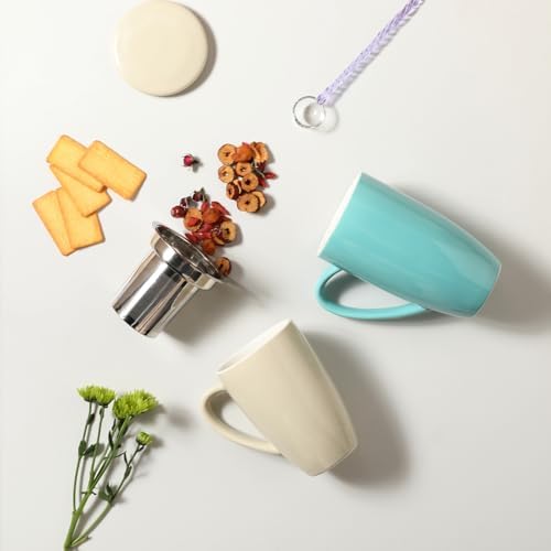 Sweejar Porcelain Tea Mug with Infuser and Lid,Teaware with Filter, Loose Leaf Tea Cup Steeper Maker, 16 Fl Oz for Tea/Coffee/Milk/Women/Office/Home/Gift (Beige)