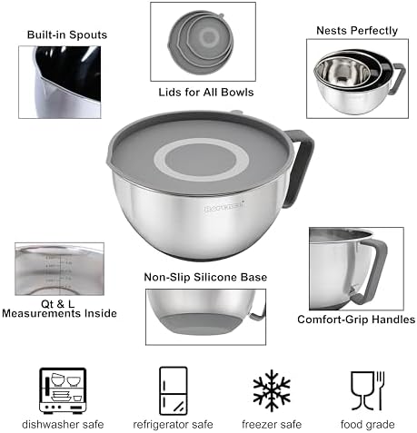 Rorence Stainless Steel Mixing Bowls Set with Lids,1.5,3 & 5 Qt,Gray