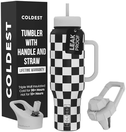 Coldest Tumbler with Handle and Straw, 100% Spill Proof Tumbler with Straw (3 Lids), Stainless Steel Insulated Leakproof Tumblers for Women Men, Cup Holder Friendly, 46 oz Black & White Checkers