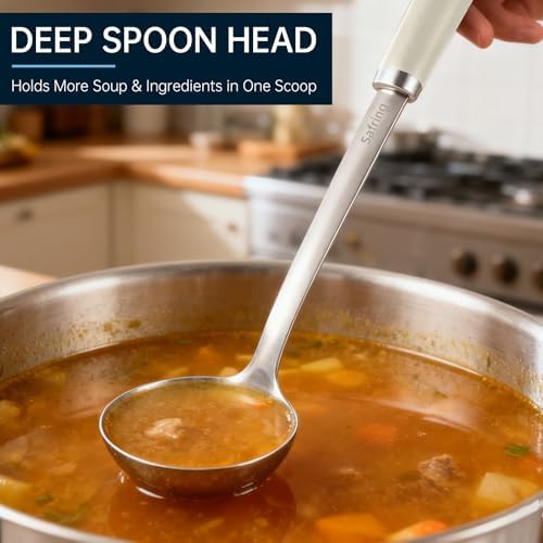Safring Stainless Steel Soup Ladle and Spaghetti Spoon Set, Heat Resistant Rubber Handle, Dishwasher Safe, Kitchen Utensils for Cooking, Stirring, Serving Pasta, Soup & Sauce (Beige)