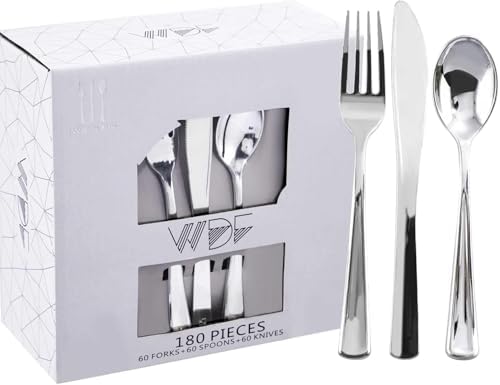 WDF 180 Ps Silver Plastic Silverware - Plastic Cutlery - Fancy Plastic Silverware Heavy Duty - 60 Forks 60 Knives 60 Spoons - Disposable Utensils Perfect for Fall Party/Wedding/Thanksgiving/Christmas