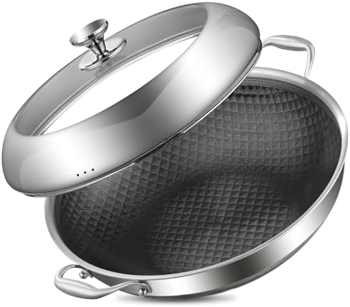 DELARLO 14 Inch Stainless Steel Nonstick Wok Pan with Lid 6Qt Pot