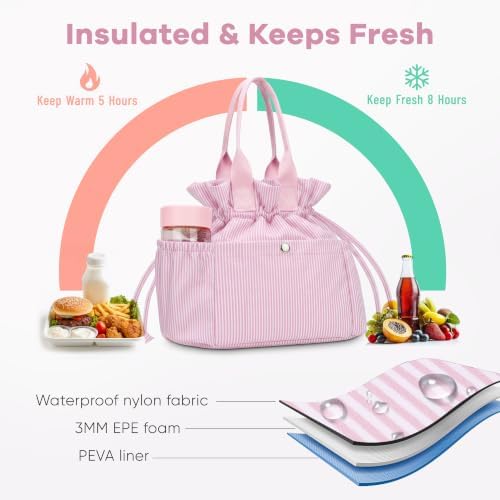 Yarnic Lunch Bag Women Insulated Reusable Lunch Box (Pink Stripes)