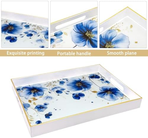 Serving Tray with Handles, 15.7 * 11.8 inches, Plastic Ottoman Tray with Exquisite Paintings, Trays for Coffee Table